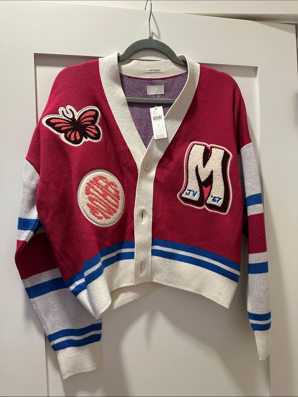 MOTHER The Boxy Raspberry pink  Patchwork Embroidered Varsity Cardigan